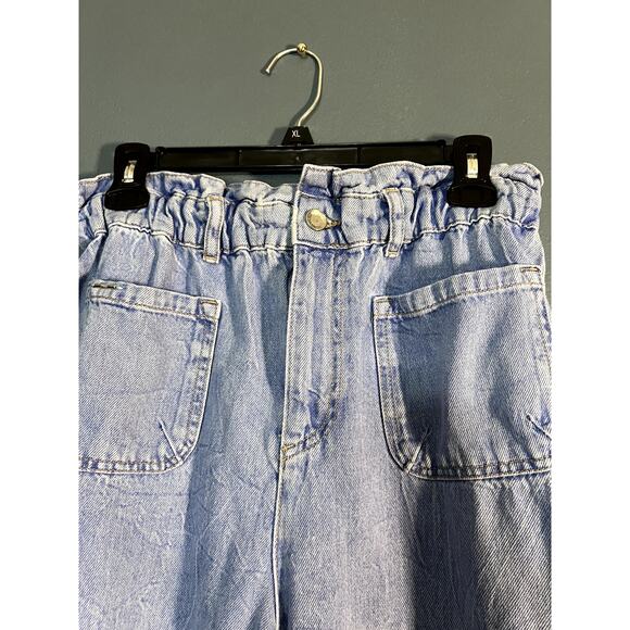 Zara Paper Bag Denim Baggy Pants High Waist Acid Wash Elastic Waist Band - Picture 2 of 11